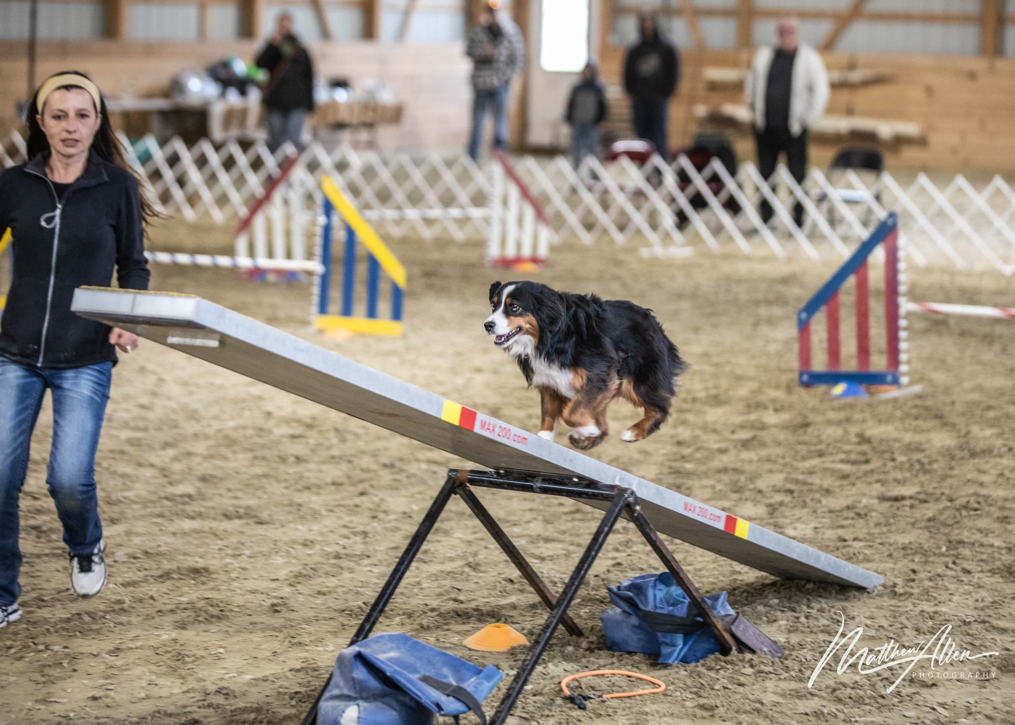 Dog and handler practicing safely on an agility seesaw